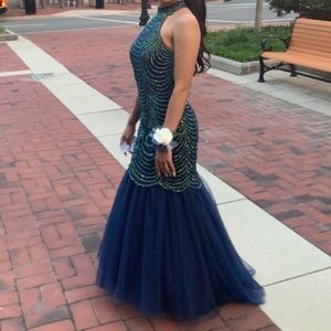 Custom navy blue dress with green sequencing